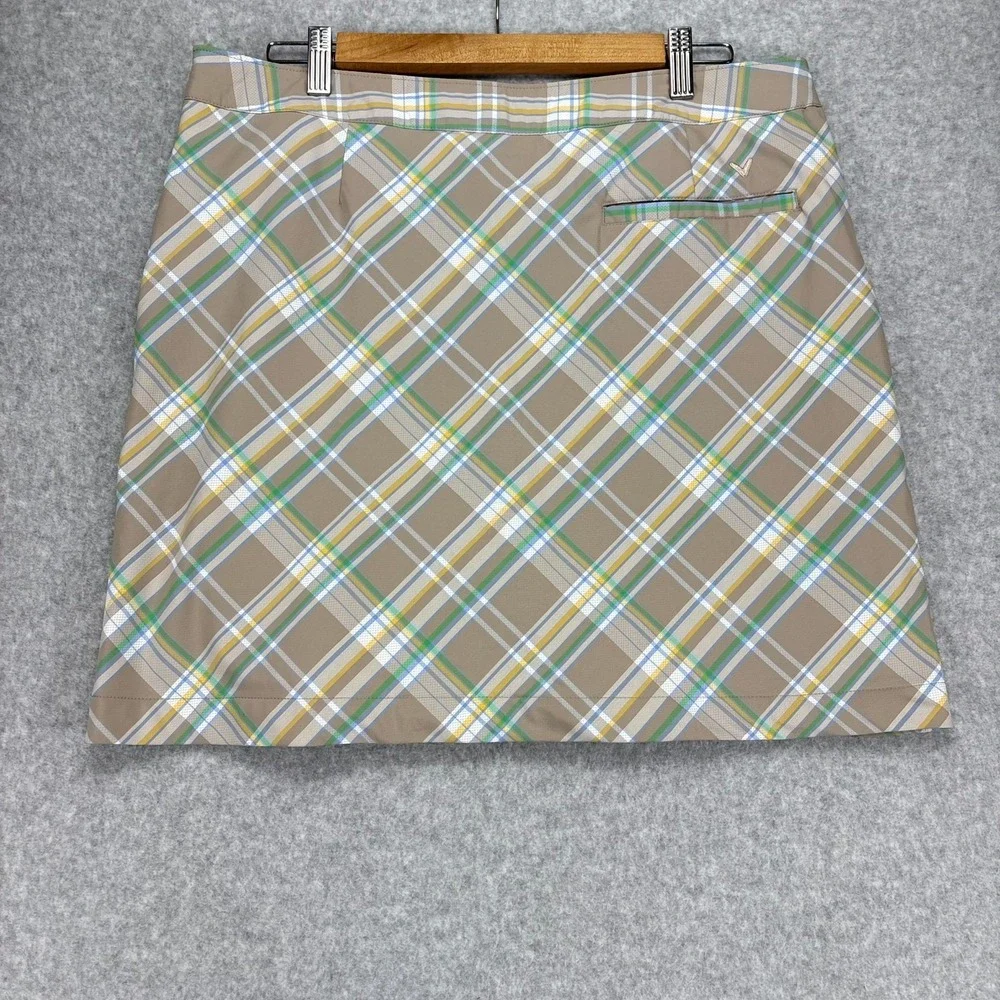 Callaway Skort Womens 12 Tan Green Plaid Mini Golf Performance Stretch Back Zip